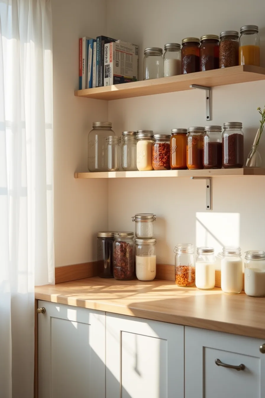 Mason jars of different colors and sizes grouped by shade on open kitchen shelving—clear, amber, and frosted jars—with wall