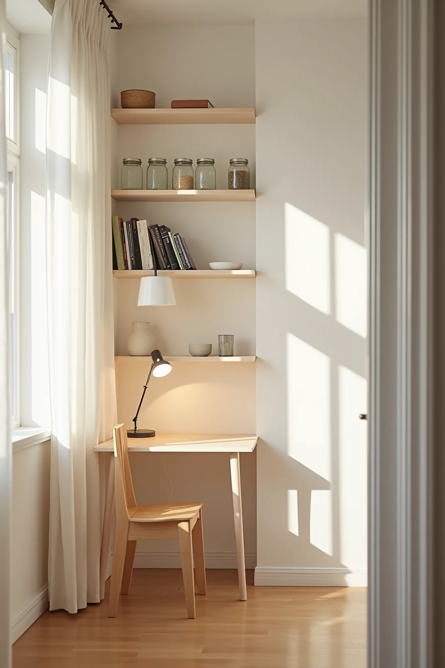 A compact kitchen corner in a studio apartment with a narrow shelving unit holding eight mason jars, a small table nearby