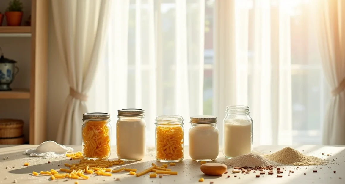Five mason jars of different sizes arranged in a circle with dried pasta, buttons, nails, flour, and fabric scraps spread