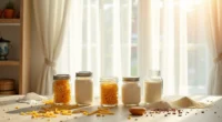 Five mason jars of different sizes arranged in a circle with dried pasta, buttons, nails, flour, and fabric scraps spread