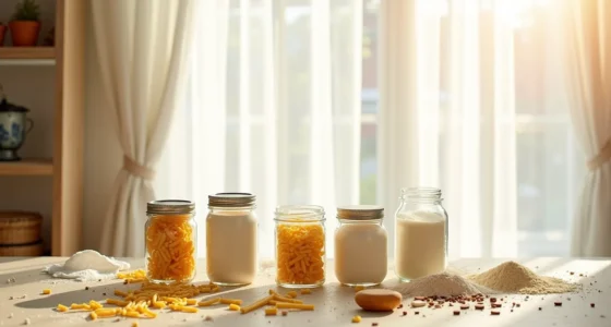 Five mason jars of different sizes arranged in a circle with dried pasta, buttons, nails, flour, and fabric scraps spread