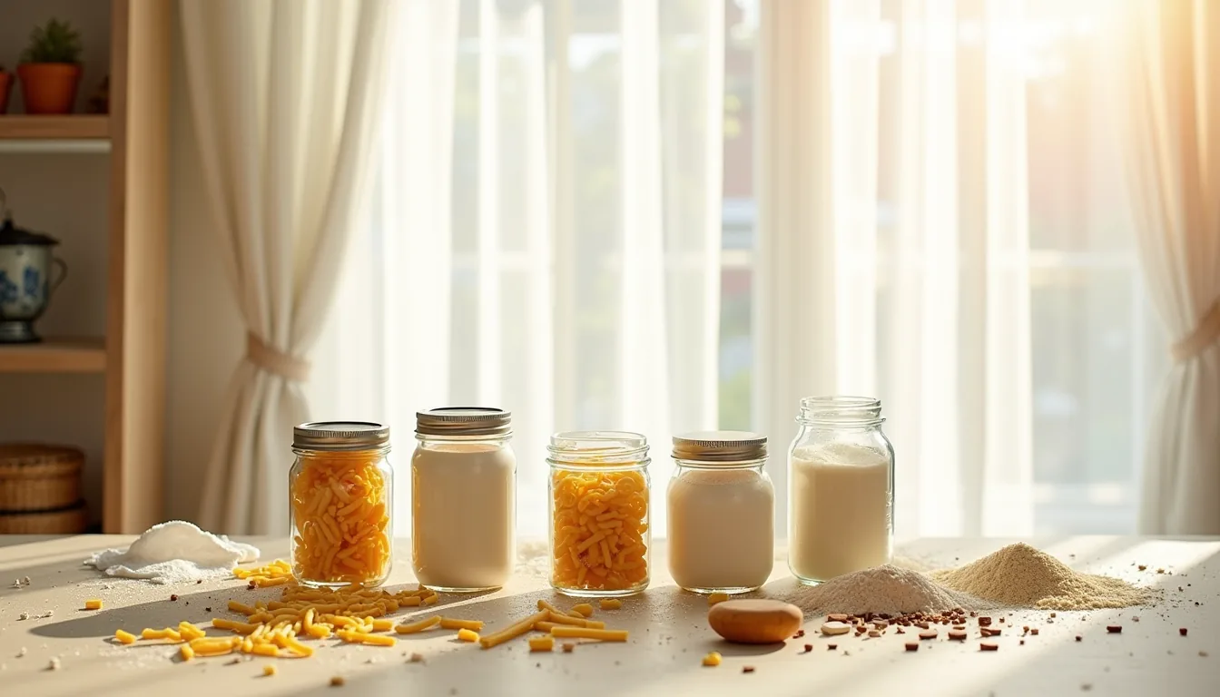 Five mason jars of different sizes arranged in a circle with dried pasta, buttons, nails, flour, and fabric scraps spread