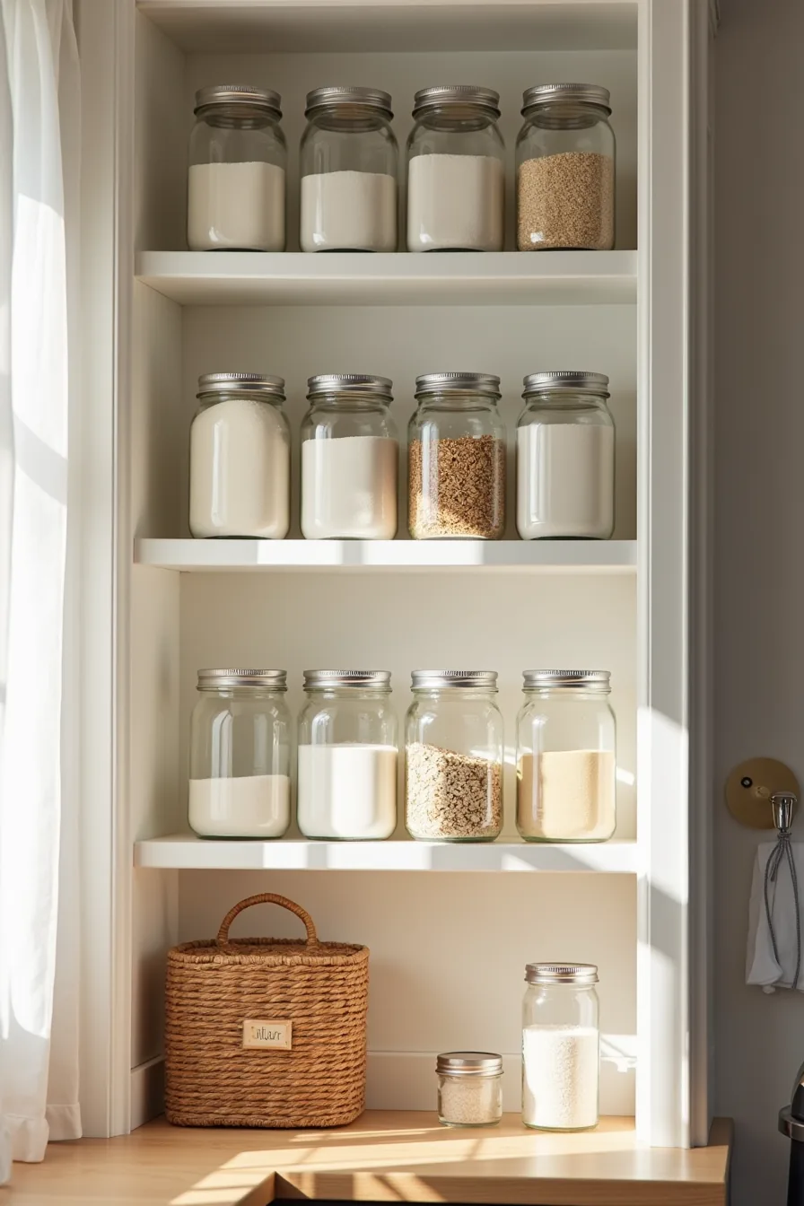 Twelve mason jars filled with flour, sugar, rice, and oats arranged in four columns on a pantry shelf, with a handwritten