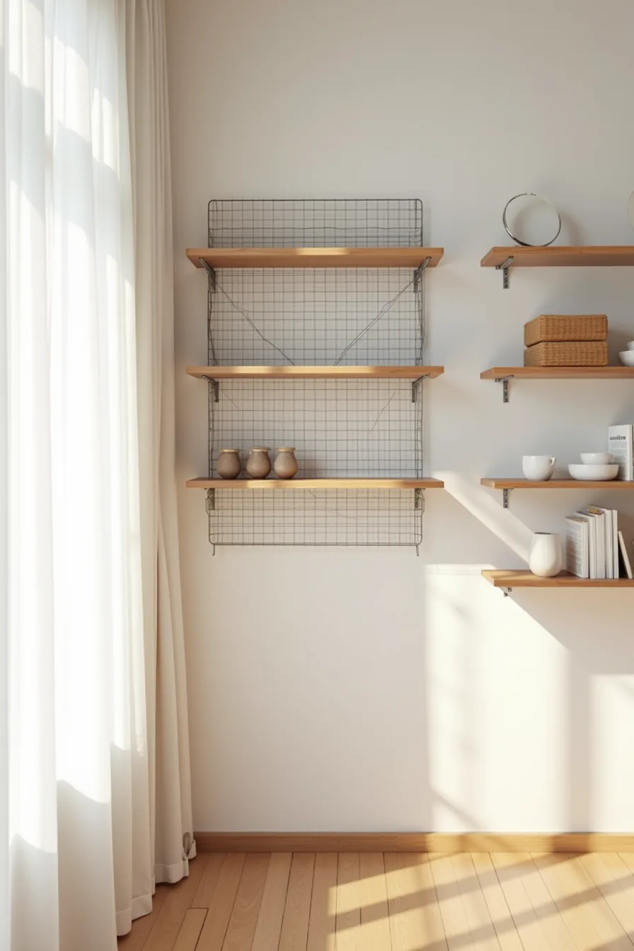 Three different shelving styles mounted on a wall—wooden shelves, adjustable wire rack with brackets, and a floating