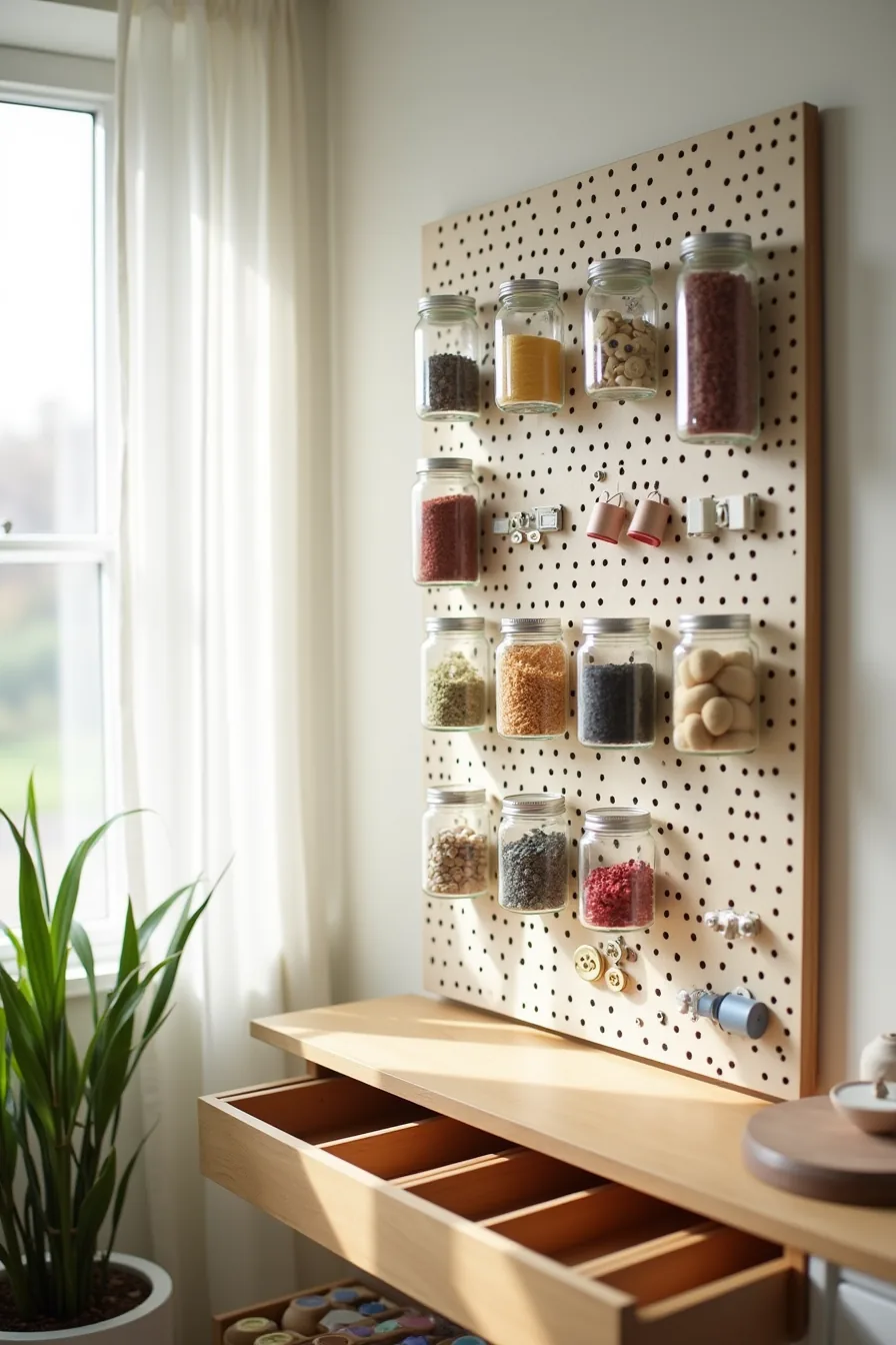 Mason jars mounted on a pegboard at varying heights filled with buttons, thread spools, and beads, with a wooden divided