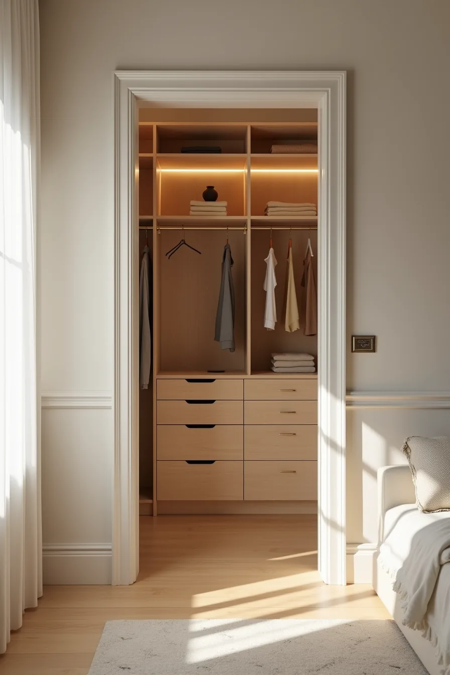 Custom built-in closet with wooden cabinetry, brass hardware, pull-out drawers, hanging rods, and integrated lighting strips.