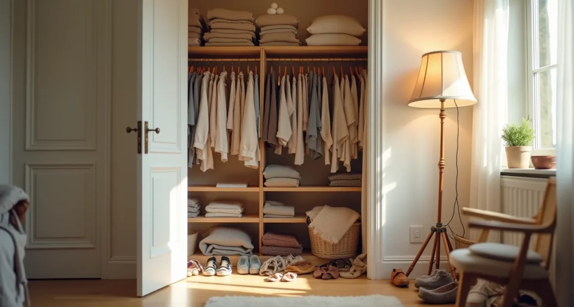 Disorganized closet with hanging clothes, stacked sweaters, shoe pile, and scattered belts visible throughout.