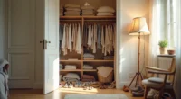 Disorganized closet with hanging clothes, stacked sweaters, shoe pile, and scattered belts visible throughout.