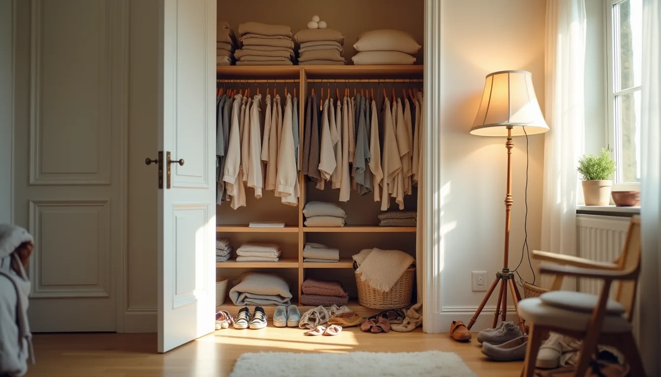 Disorganized closet with hanging clothes, stacked sweaters, shoe pile, and scattered belts visible throughout.