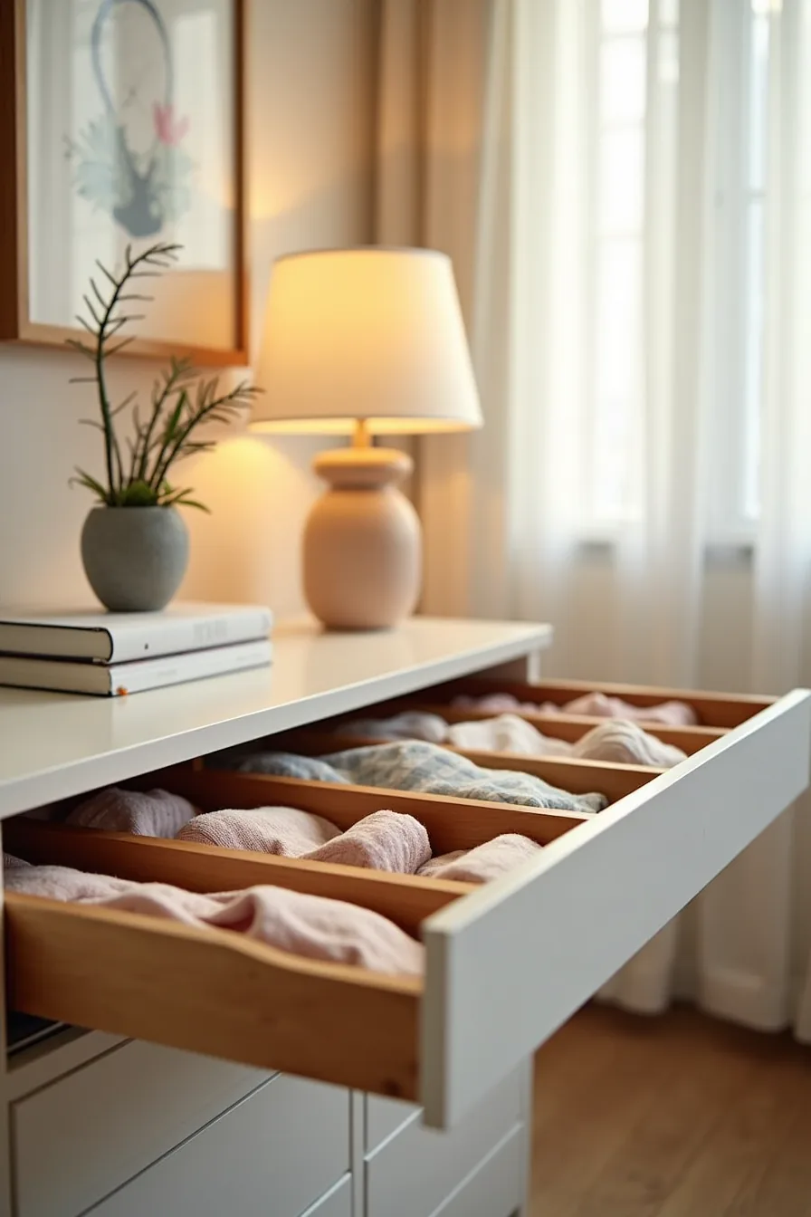 Open drawer with six wooden-divided compartments containing rolled socks, folded underwear, and small accessories.