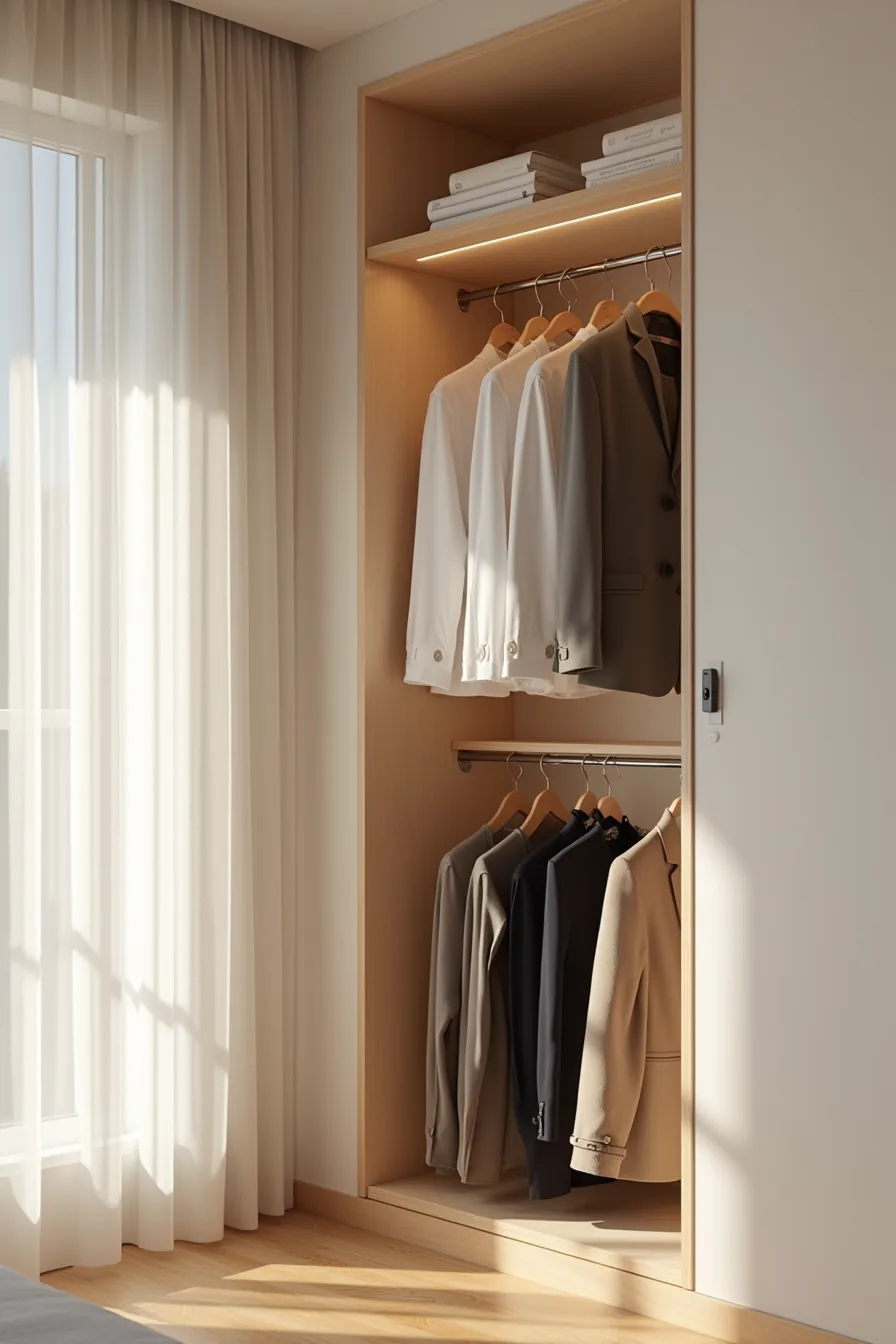 Closet with dual stacked rods holding shirts on top and pants and coats below, with shelving above.