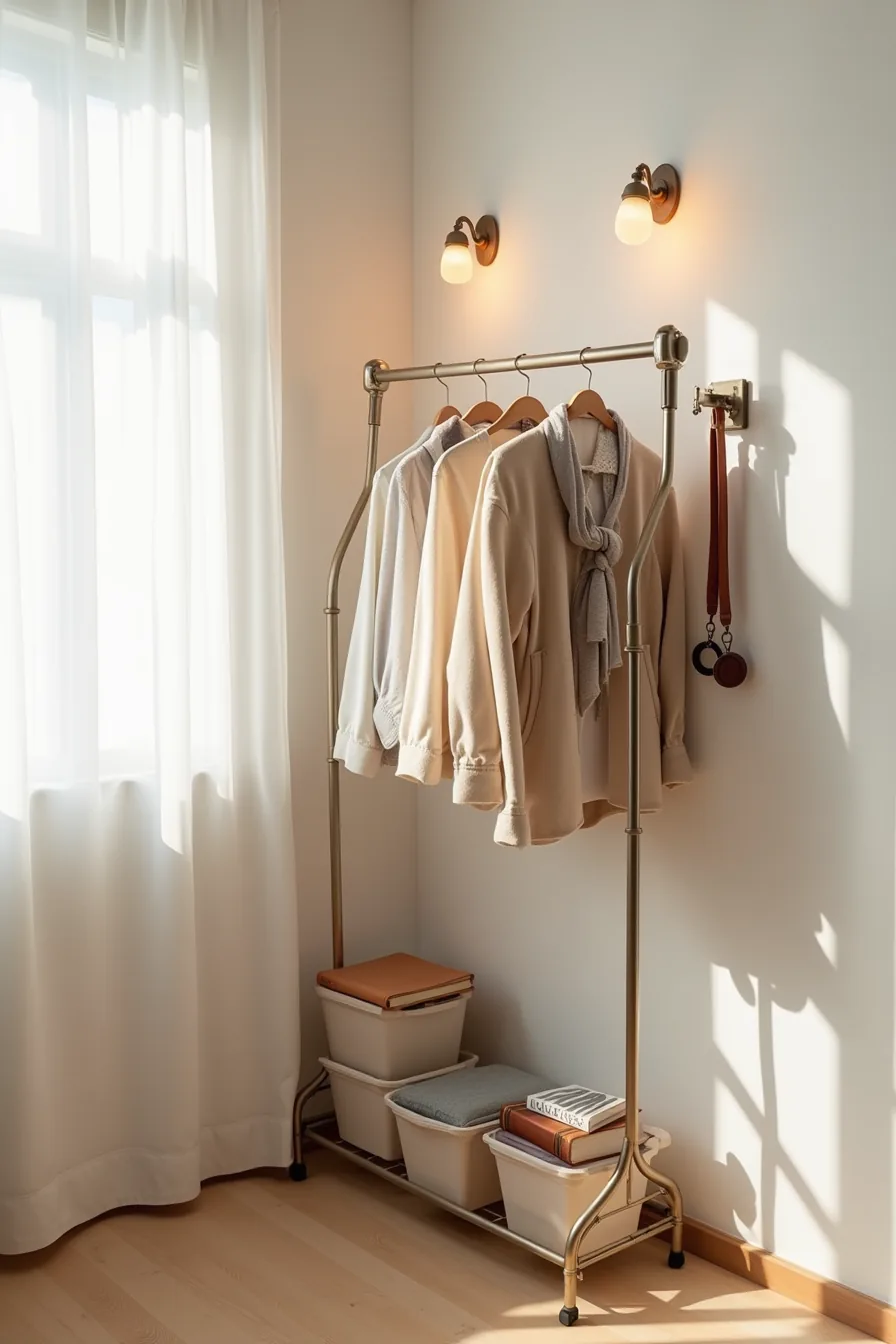 Freestanding metal garment rack with hanging clothes, wall-mounted adhesive hooks holding scarves and belts, and stacked