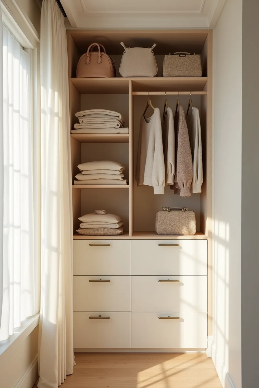 Closet with open shelves on left holding folded sweaters and handbags, closed cabinet doors on right.