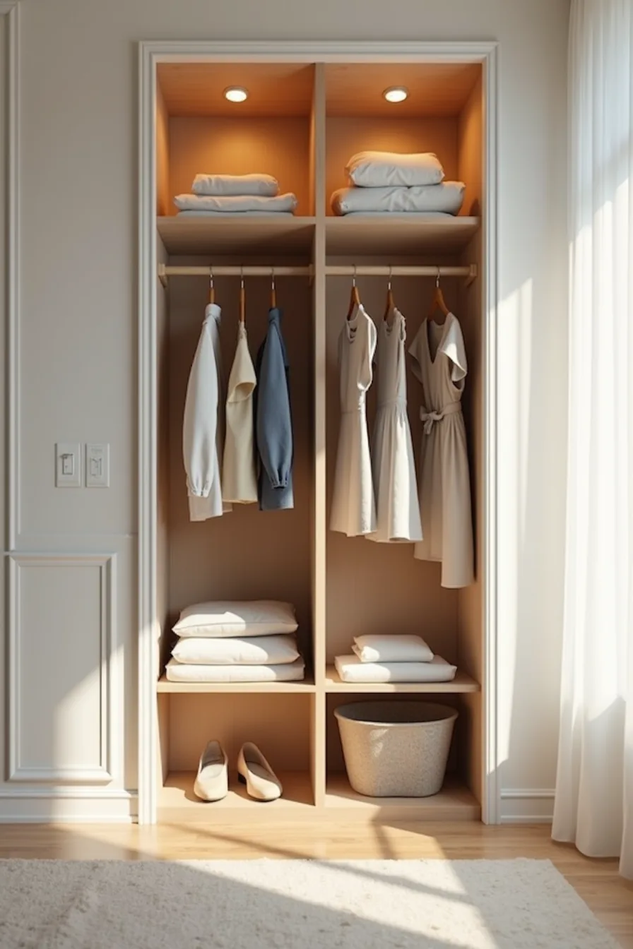 Closet organized into four vertical sections containing blazers, t-shirts, dresses, and an accessory bin.