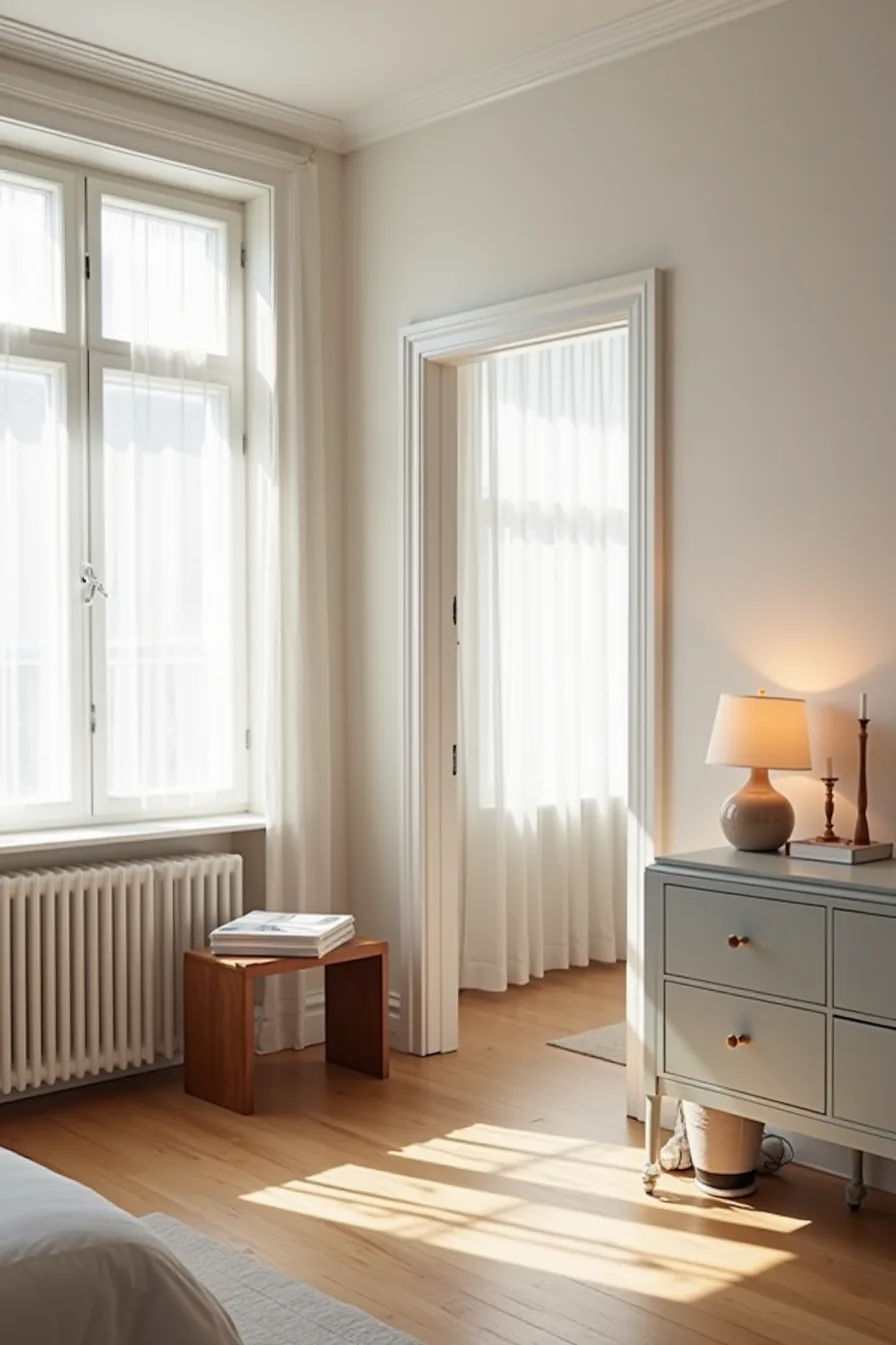 Compact walnut console in a studio apartment with a larger light gray console visible through an open doorway into a living