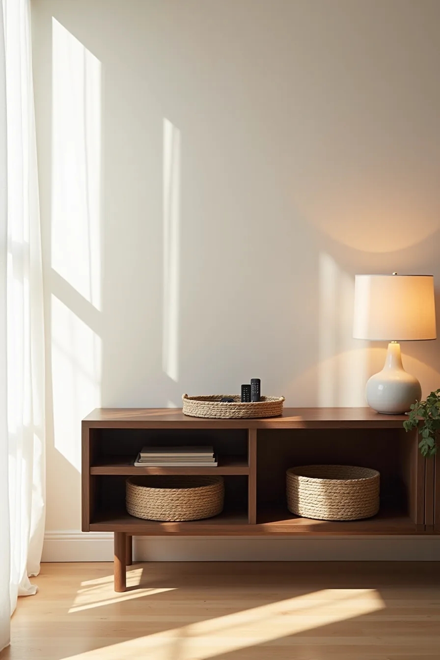 Dark wood console with fabric cable sleeves, woven baskets on shelves, and a decorative tray holding remote controls on top.