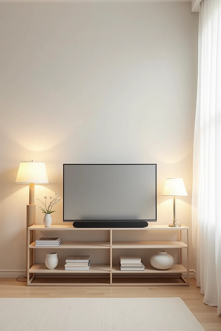 Metal frame console with three open shelves displaying a soundbar, ceramic vessels, and curved monitor on different levels.