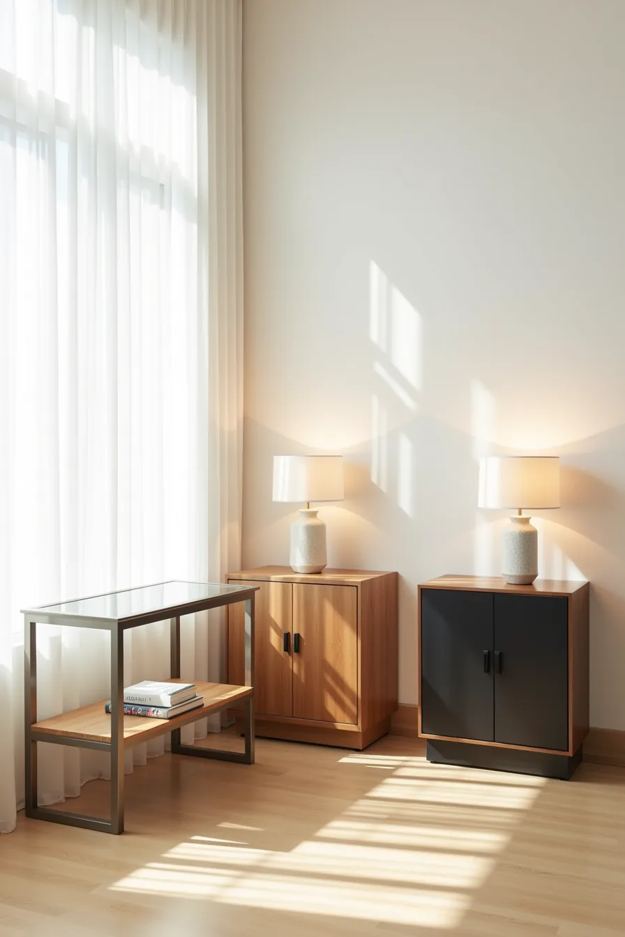 Three consoles displayed side-by-side showing brushed steel with glass, reclaimed wood, and matte black composite finishes.