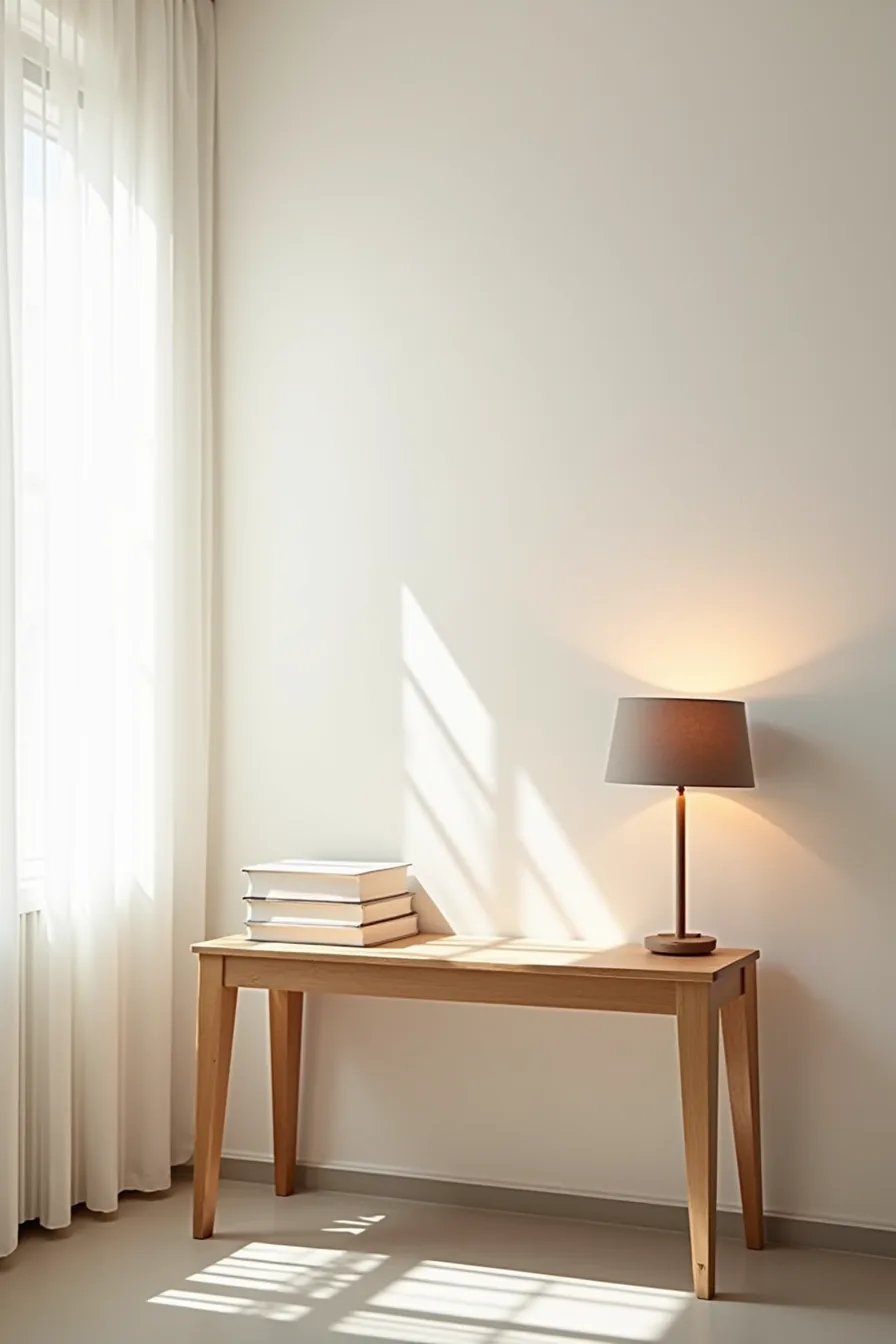 Light oak console with tapered legs elevated above a concrete floor, showing clear space underneath in a studio apartment.