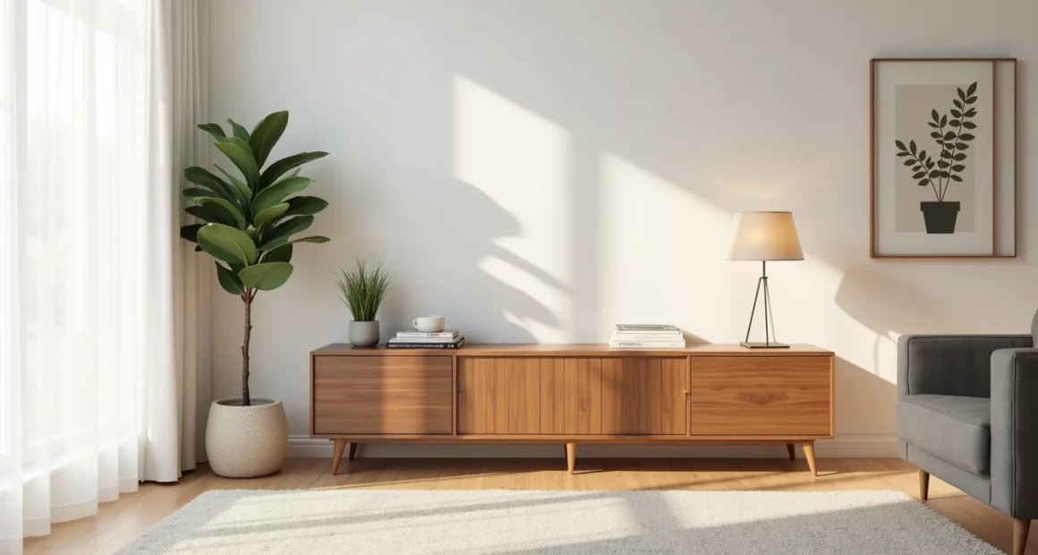 Walnut console with cabinet doors between a potted fiddle leaf fig and framed abstract artwork on a living room wall.