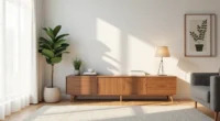 Walnut console with cabinet doors between a potted fiddle leaf fig and framed abstract artwork on a living room wall.