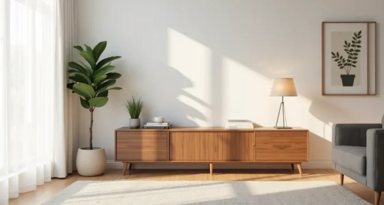 Walnut console with cabinet doors between a potted fiddle leaf fig and framed abstract artwork on a living room wall.