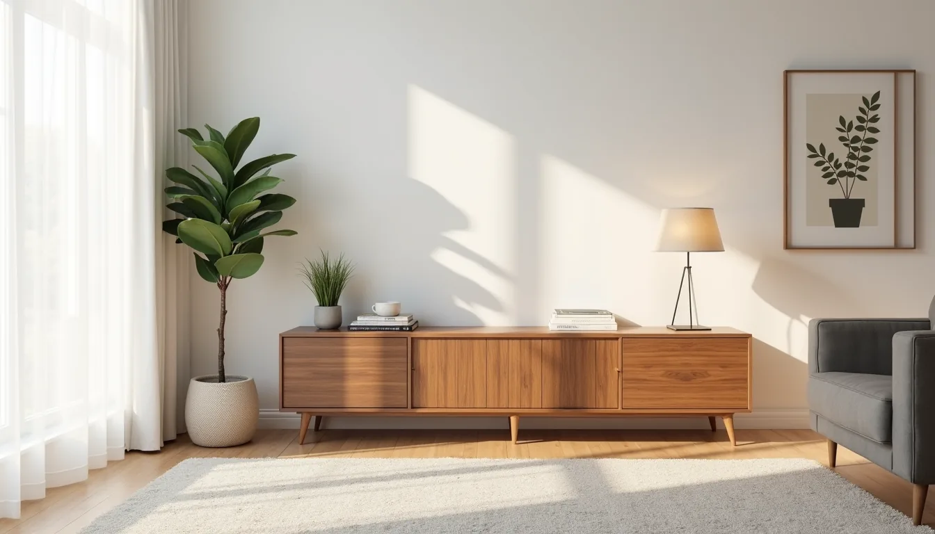 Walnut console with cabinet doors between a potted fiddle leaf fig and framed abstract artwork on a living room wall.