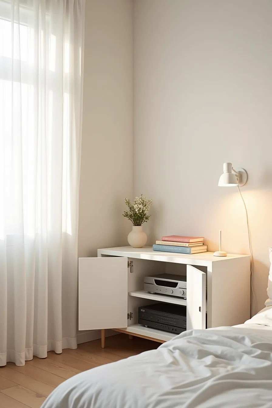 White lacquered console in a bedroom corner with one hinged door open, showing stacked electronics and cables inside.