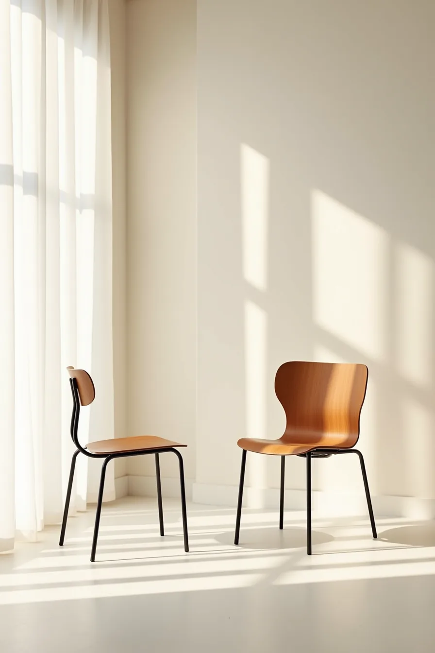 Two metal chair frames side by side: one with smooth bent tubes and one with sharp welded angles and geometric joints.