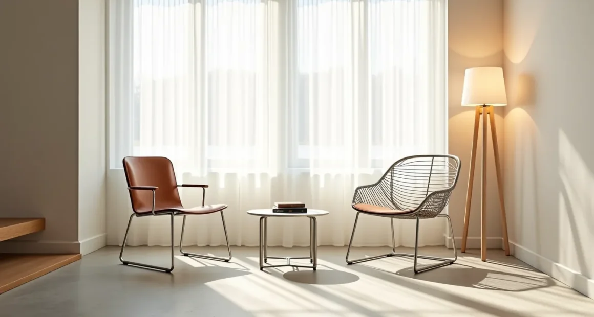 Three different metal chairs—chrome curved, welded angular, and brushed aluminum with leather—positioned around a small