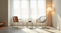 Three different metal chairs—chrome curved, welded angular, and brushed aluminum with leather—positioned around a small