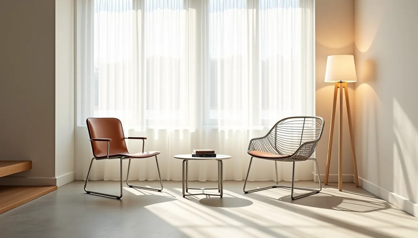 Three different metal chairs—chrome curved, welded angular, and brushed aluminum with leather—positioned around a small
