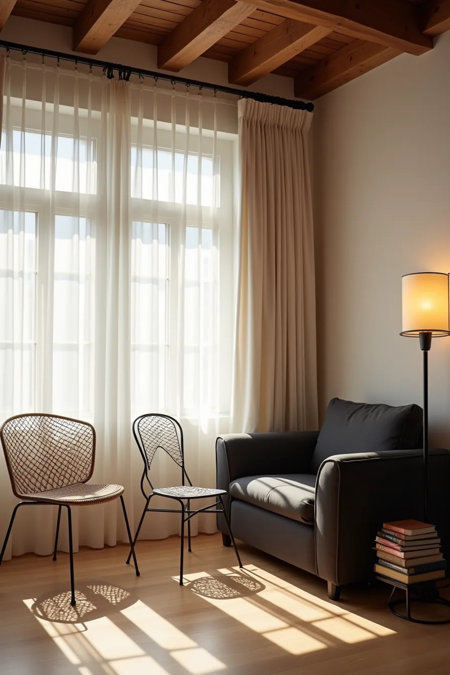 Three lightweight open-frame metal chairs in a dark room with wooden beams and a dark sofa, creating visual depth.