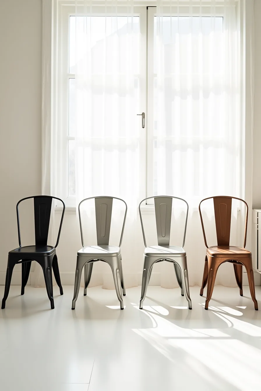 Four identical metal chair frames displayed in a row with four different finishes: matte black, brushed aluminum, polished