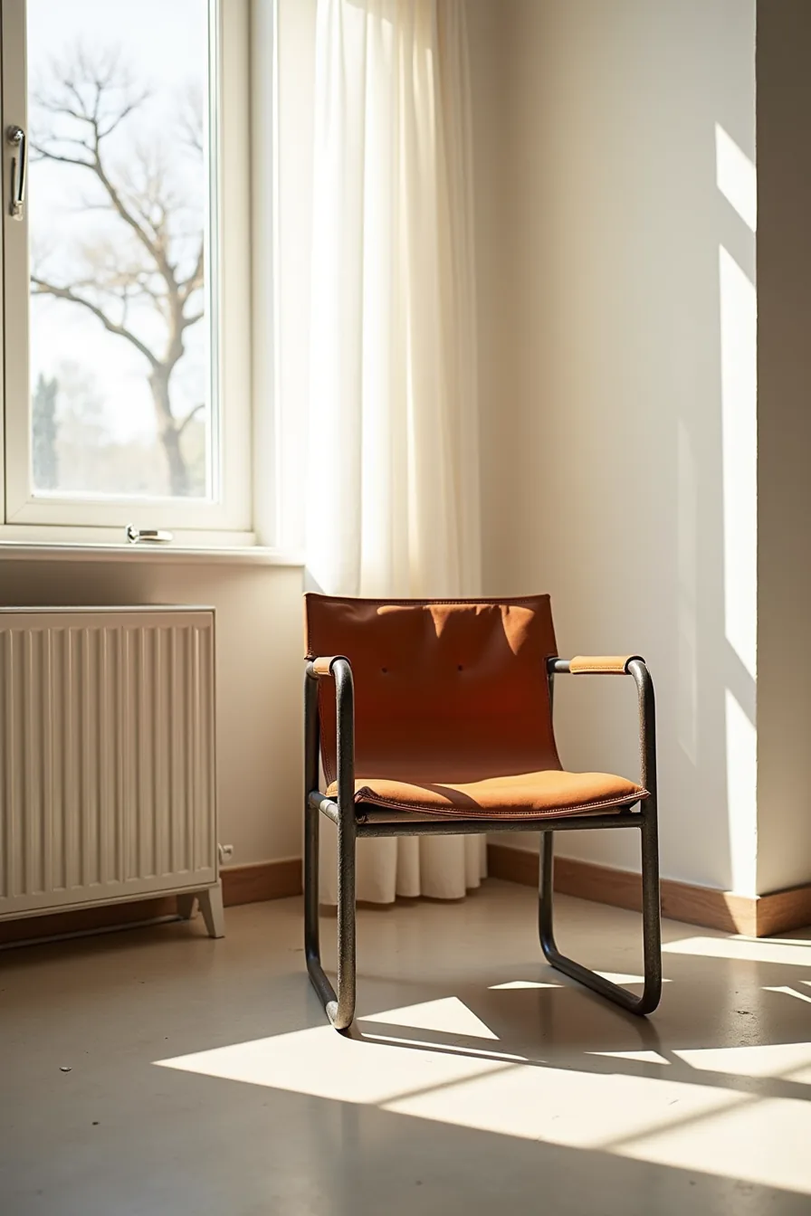 A raw steel chair frame with visible welds and patina, fitted with a cognac-brown leather seat and backrest showing natural