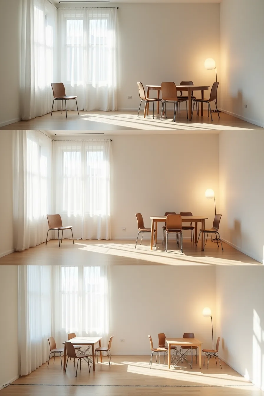 Overhead view of three different room layouts showing one metal chair in a studio, four around a dining table, and six in an