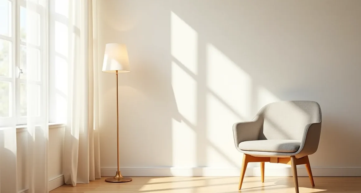 Mid-century accent chair with splayed legs positioned in a bright corner, casting shadows on light oak flooring.