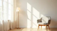 Mid-century accent chair with splayed legs positioned in a bright corner, casting shadows on light oak flooring.