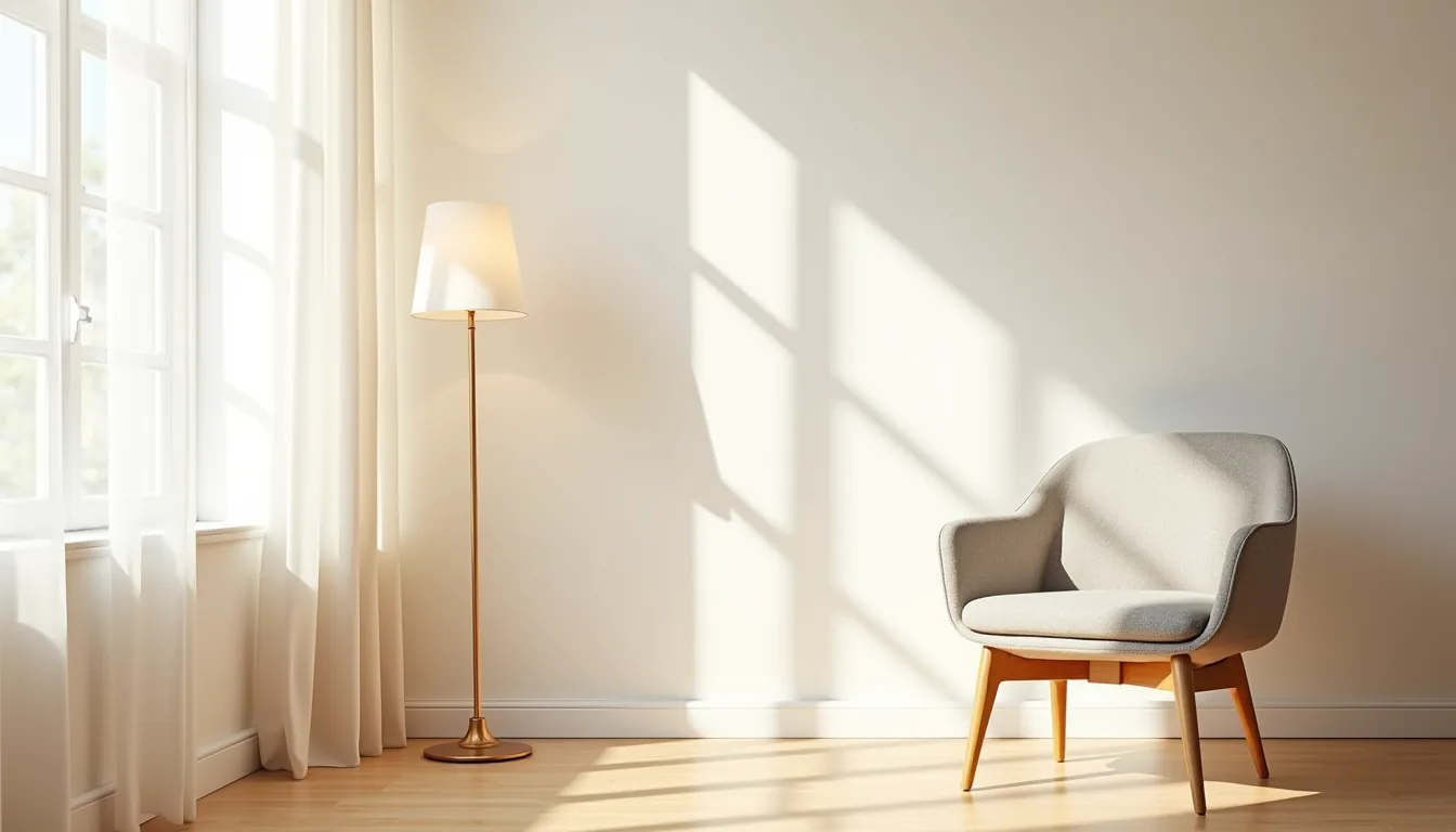 Mid-century accent chair with splayed legs positioned in a bright corner, casting shadows on light oak flooring.