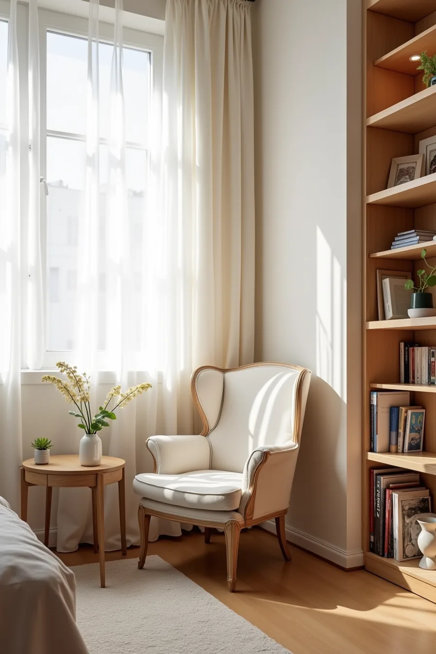 Wingback chair tucked into corner between side table and bookshelf, showing chair wings and back framing the tight space.