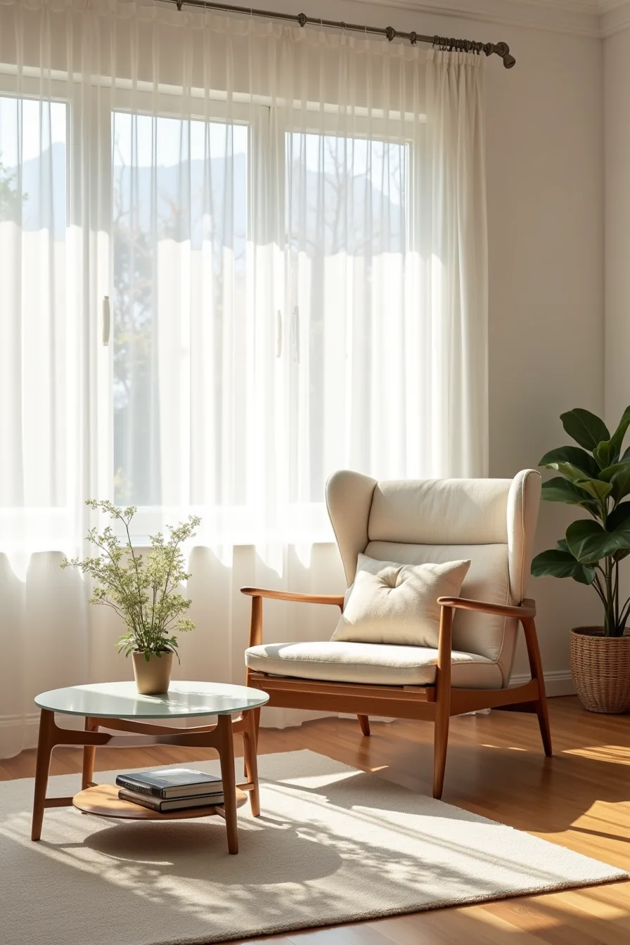 Mid-century chair on geometric patterned rug styled with glass coffee table and potted plant in contemporary arrangement.