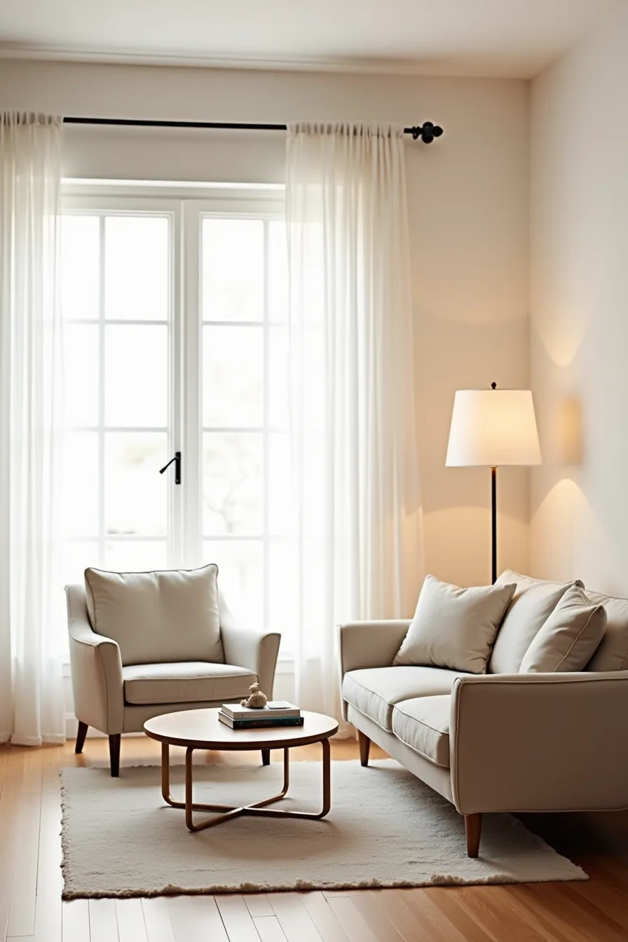 Mid-century accent chair arranged 8 feet from sofa with coffee table between and floor lamp behind, showing open floor