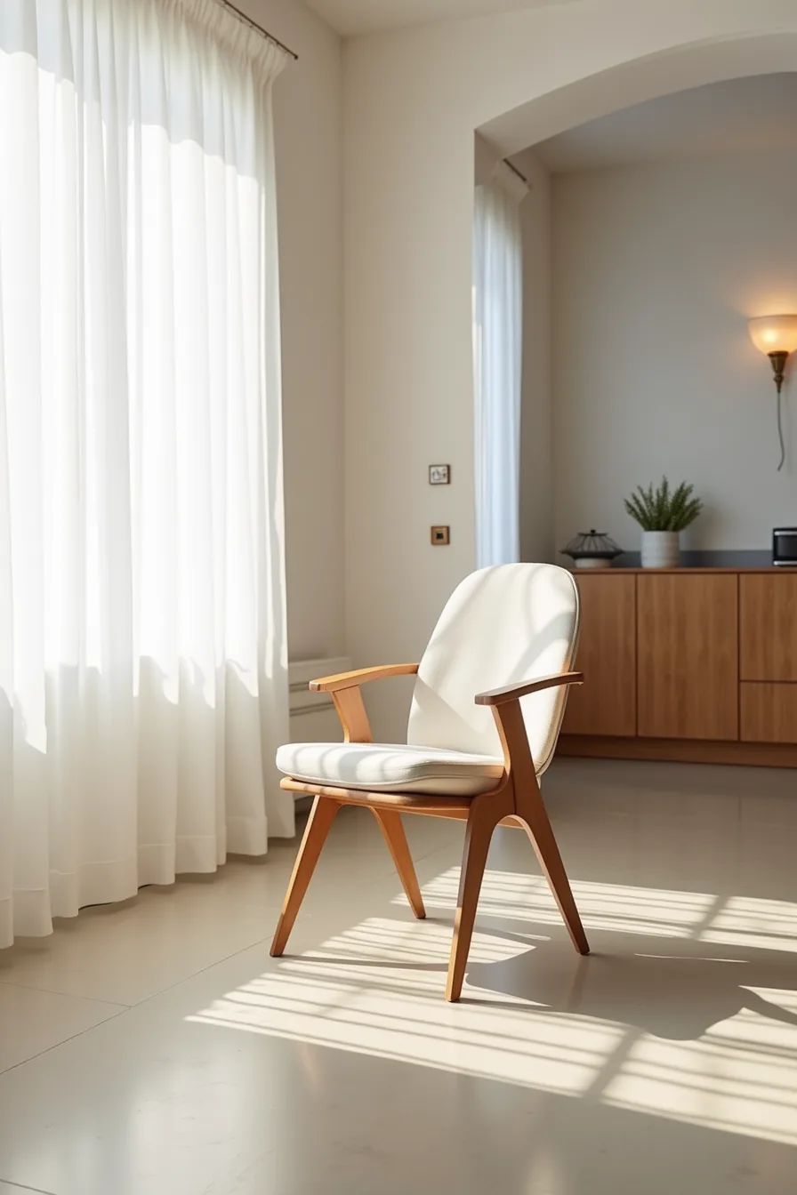 Tapered-leg chair viewed from above on polished concrete, with sofa edge and kitchen sightline visible in open living space.