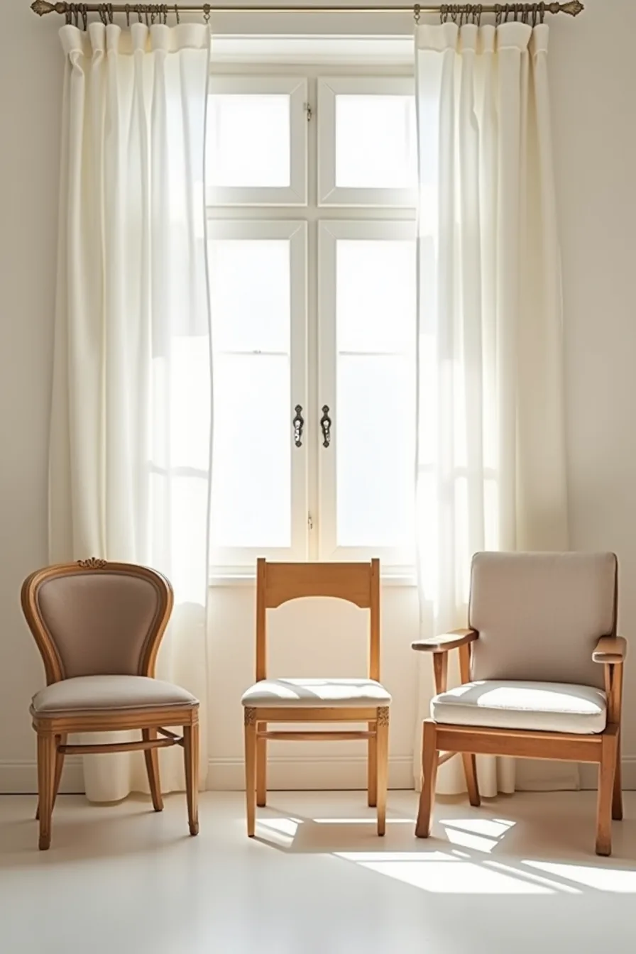 Three chairs displayed side by side showing vintage, reproduction, and custom upholstered versions in different conditions.
