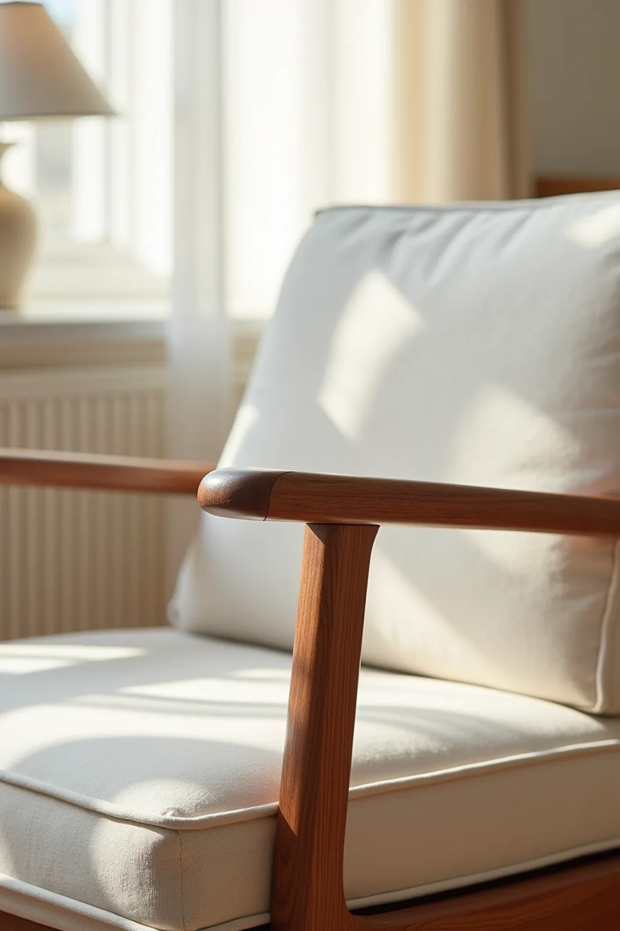 Detailed close-up of walnut frame joint and arm showing wood grain and construction, with linen upholstery softly blurred