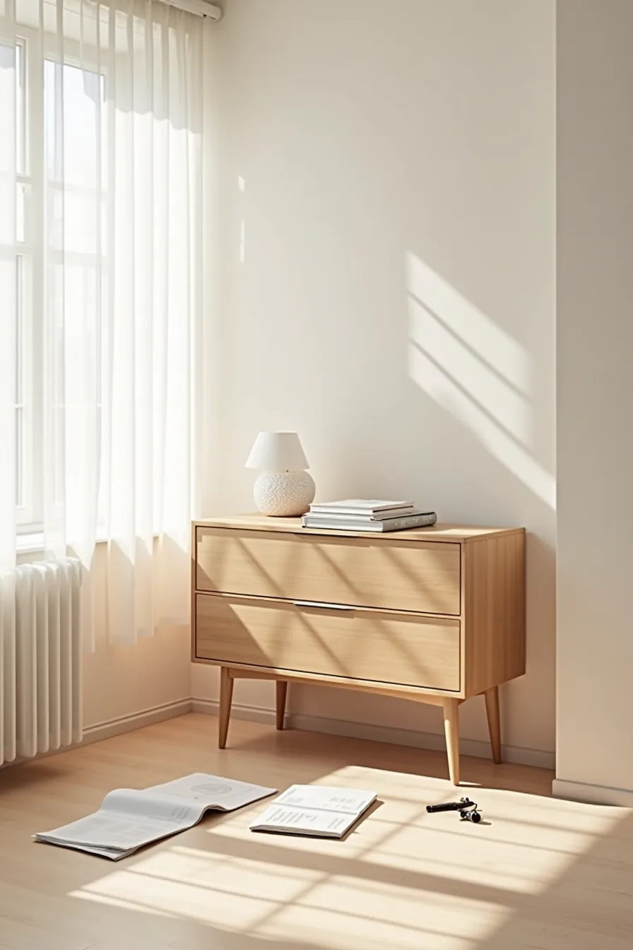 Partially assembled light oak flat-pack console with tapered legs, hardware, hex wrench, and instruction manual.