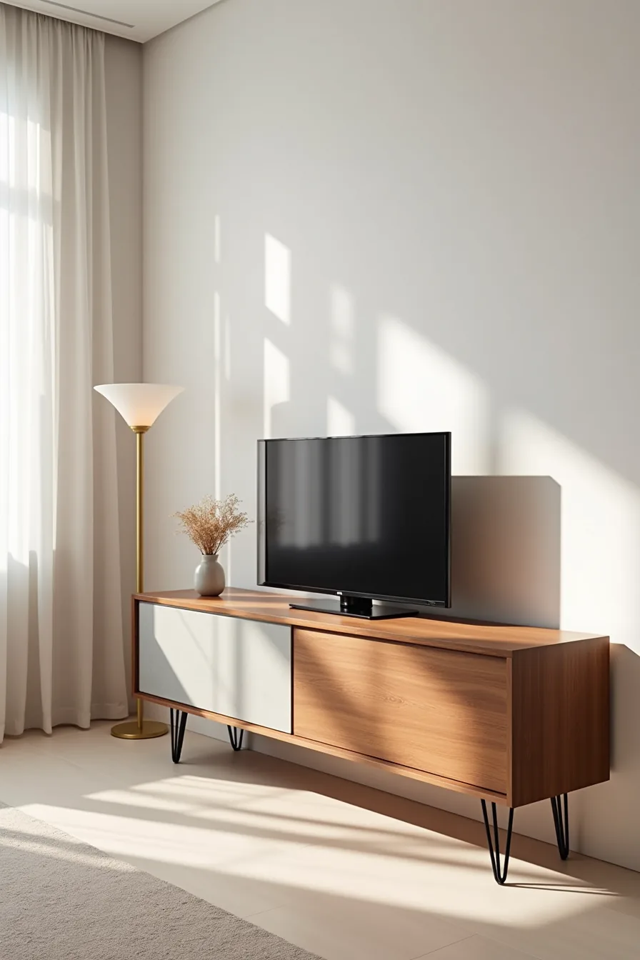 Console combining walnut base, teak top, metal hairpin legs, and concrete panel with TV on surface.