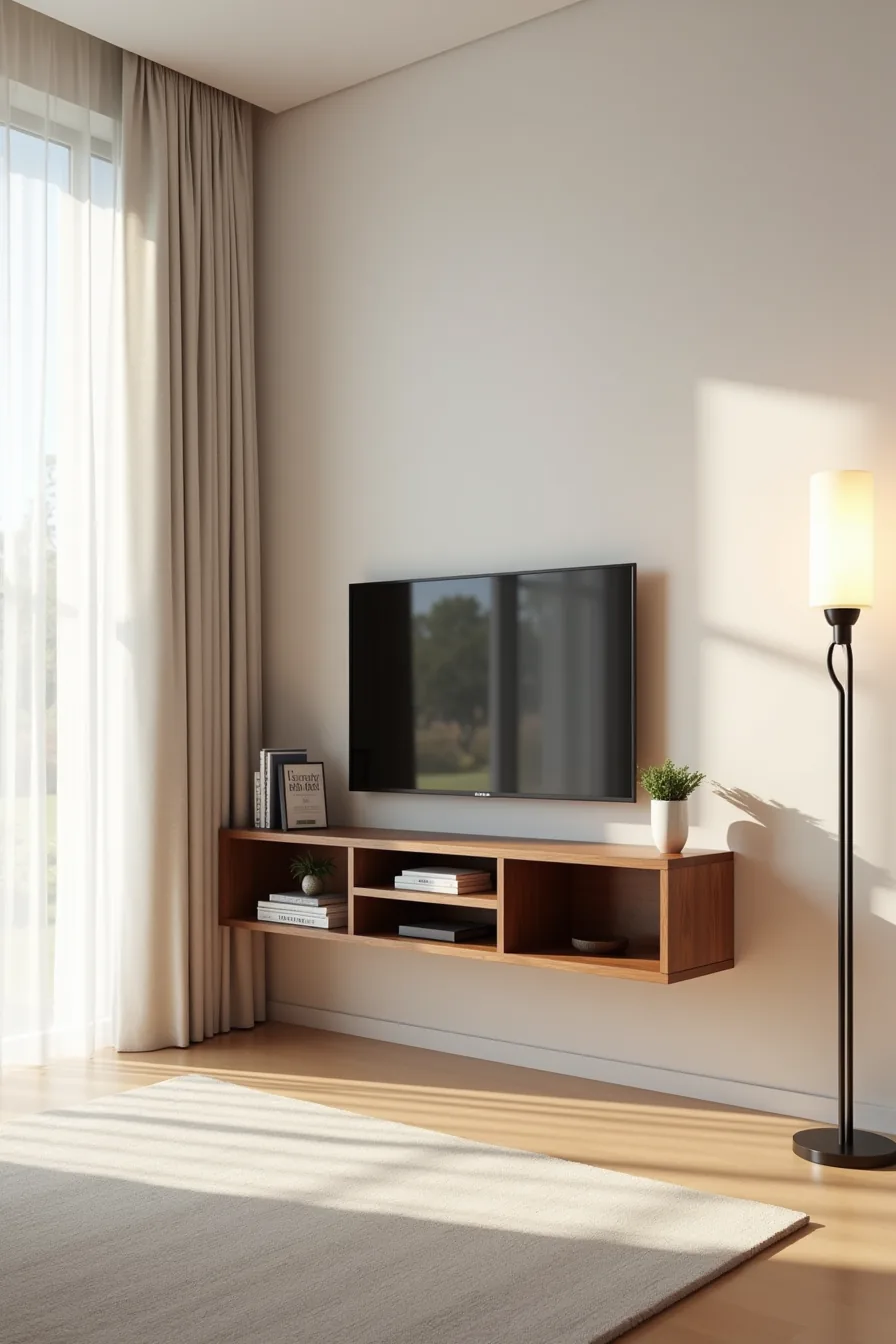 Wall-mounted narrow walnut console in corner with TV stand above and open shelving below.