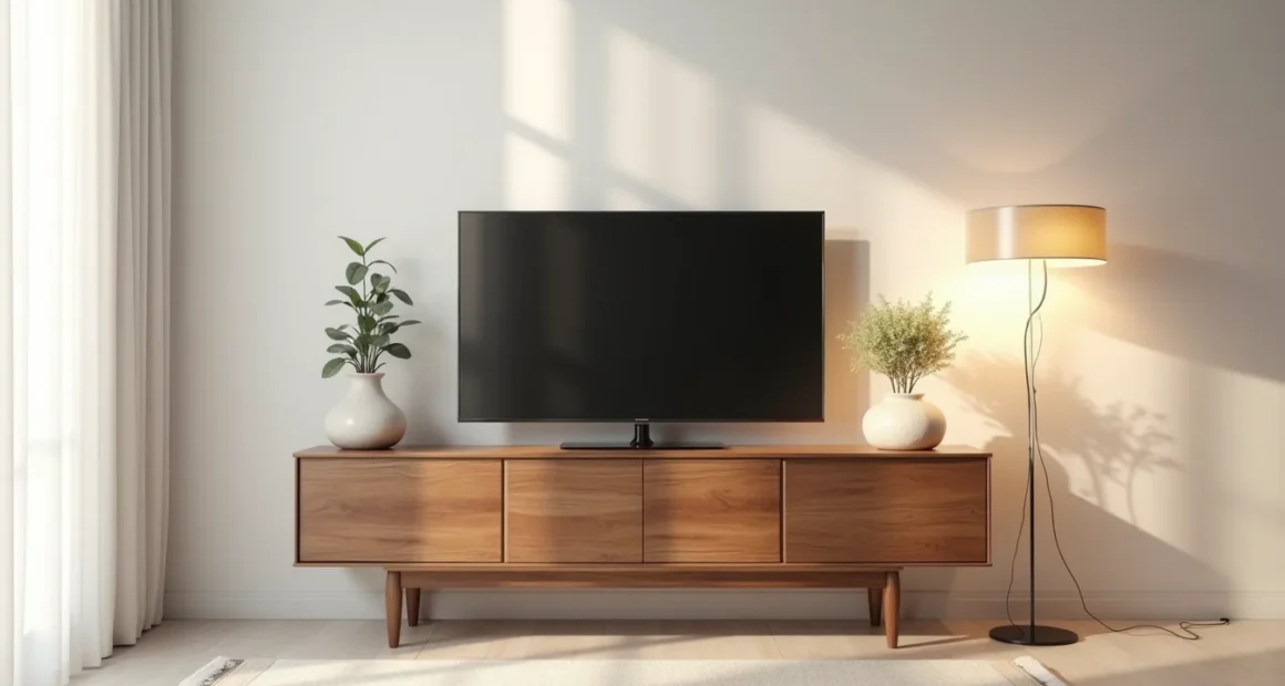 Walnut console with angled tapered legs holds a flat-screen TV, potted plant, and ceramic vessel on its top surface.