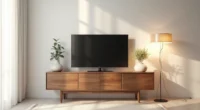 Walnut console with angled tapered legs holds a flat-screen TV, potted plant, and ceramic vessel on its top surface.